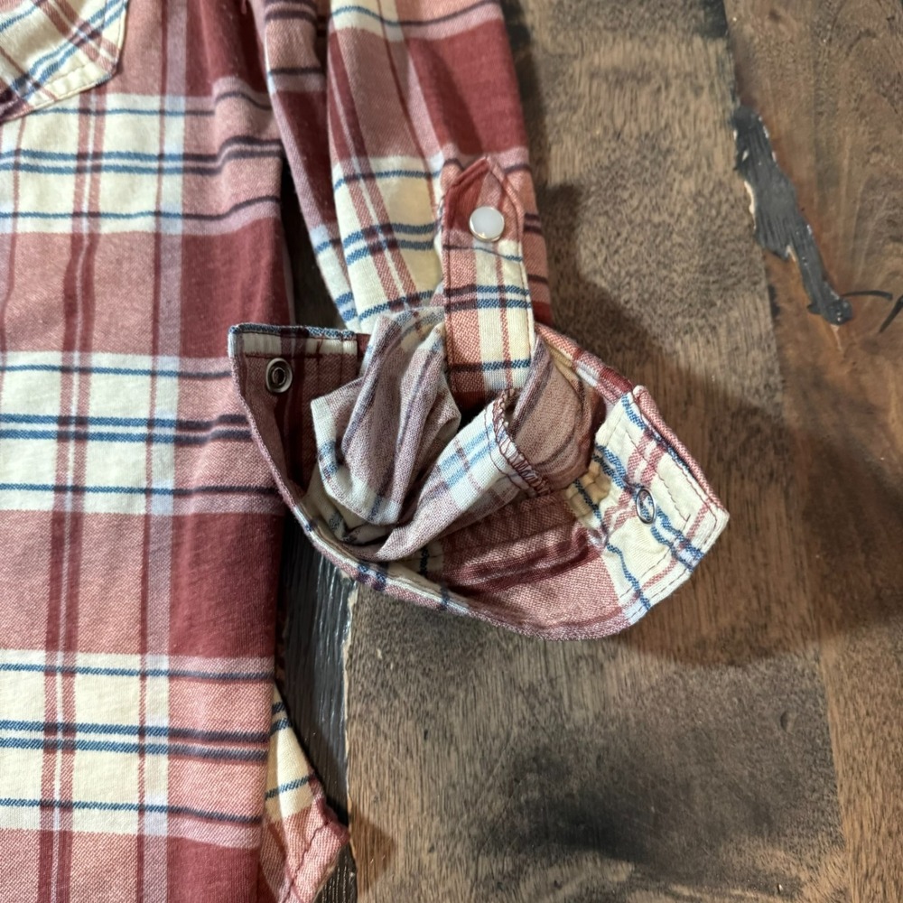 Womens Passport Maroon Plaid Pearl Snap Shirt Size S Western Adjustable Sleeves‎ - Picture 6 of 14
